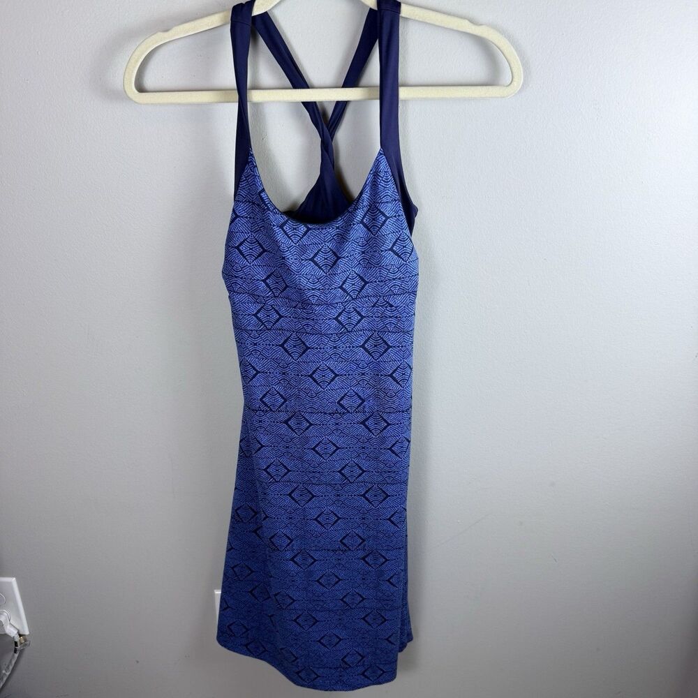 Patagonia Morning Glory Dress Womens xs Blue Geometric Print Criss Cross Back